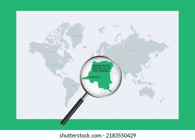 Map of Democratic Republic of the Congo on political world map with magnifying glass