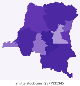 Map of Democratic Republic of the Congo with regions. Just a simple country border map with region division. Deep purple color palette.