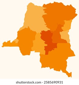 Map of Democratic Republic of the Congo with regions. Just a simple country border map with region division. Orange color palette.