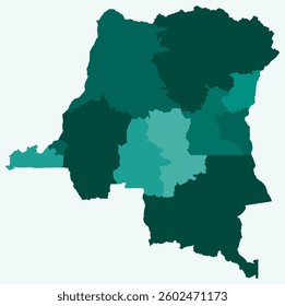 Map of the Democratic Republic of the Congo with regions. A simple country border map with regional divisions in a teal color palette.