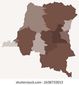 Map of the Democratic Republic of the Congo with regions. A simple country border map with regional divisions in a brown color palette.
