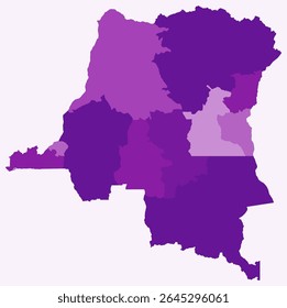 Map of the Democratic Republic of the Congo with regions. A simple country border map with regional divisions in a purple color palette.