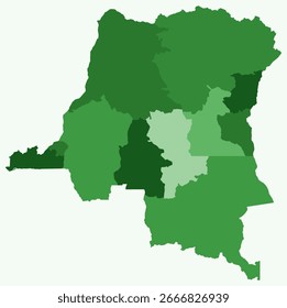 Mapa da República Democrática do Congo com regiões. Apenas um simples mapa de fronteira de país com divisão de região. Paleta de cores verde.
