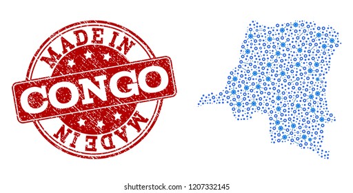 Map of Democratic Republic of the Congo vector mosaic and Made In grunge stamp. Map of Democratic Republic of the Congo designed with blue cog links. Made in red seal with grunge rubber texture.