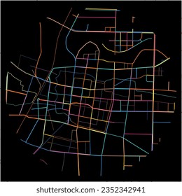 Map of Dengzhou, Henan with all major and minor roads, railways and waterways. Colorful line art on black background.