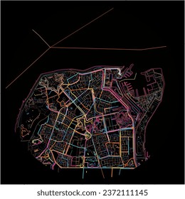 Map of DenHelder, North Holland with all major and minor roads, railways and waterways. Colorful line art on black background.