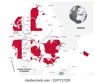 Map of Denmark coloured by national flag. Vector illustration.