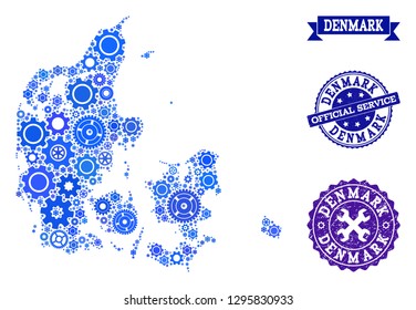 Map of Denmark composed with blue gear symbols, and isolated scratched stamps for official repair services. Vector abstract collage of map of Denmark with mechanics symbols in blue color tones.