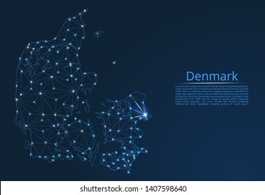 Map of Denmark connection. Vector low-poly image of a global map with lights in the form of cities or population density, consisting of points and shapes in the form of stars and space.
