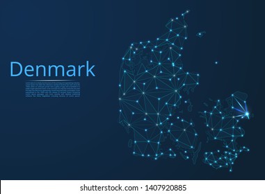 Map of Denmark connection. Vector low-poly image of a global map with lights in the form of cities or population density, consisting of points and shapes in the form of stars and space.
