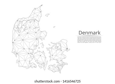 Map of Denmark connection. Vector low-poly image of a global map with lights in the form of cities or population density, consisting of points and shapes and space. Easy to edit