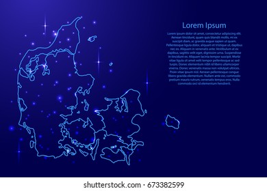 Map Denmark from the contours network blue, luminous space stars of vector illustration