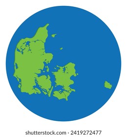 Map of Denmark. Danish map in green color in globe design with blue circle color.