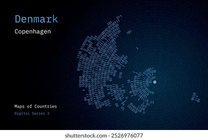 A map of Denmark depicted in zeros and ones in the form of a circle. The capital, Copenhagen, is shown in the center of the circle