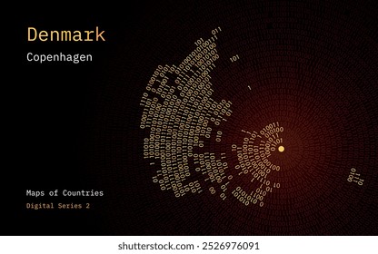 A map of Denmark depicted in zeros and ones in the form of a circle. The capital, Copenhagen, is shown in the center of the circle