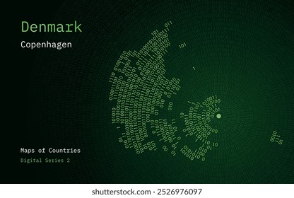 A map of Denmark depicted in zeros and ones in the form of a circle. The capital, Copenhagen, is shown in the center of the circle