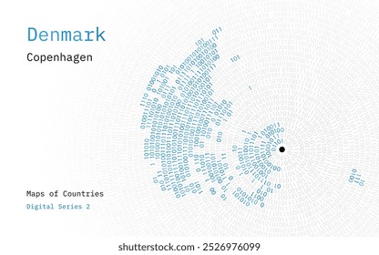 A map of Denmark depicted in zeros and ones in the form of a circle. The capital, Copenhagen, is shown in the center of the circle