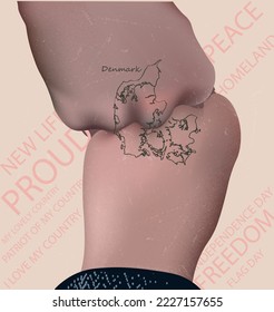 A map of the Denmark drawn on the hands. A beautiful and stylish template for real patriots of their country.