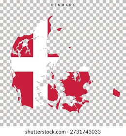 Map of Denmark filled with national flag colors. Scandinavian country silhouette isolated on transparent background for geography, infographic and travel design.