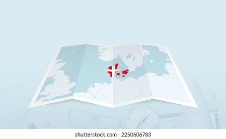 Map of Denmark with the flag of Denmark in the contour of the map on a trip abstract backdrop. Travel illustration.