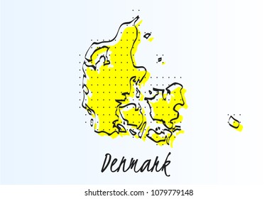 Map of Denmark, halftone abstract background. The black dots on a yellow background. drawn border line. vector illustration