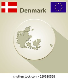 Map of the Denmark Including: flag of Denmark And European Union.