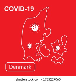 Mapa de Dinamarca con la etiqueta "Epidemia y Cuarentena COVID-19". Mapa del esquema blanco de Dinamarca sobre un fondo rojo. Ilustración vectorial de un virus, coronavirus, epidemiología.