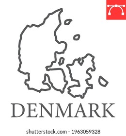 Map of Denmark line icon, country and travel, Denmark map vector icon, vector graphics, editable stroke outline sign, eps 10