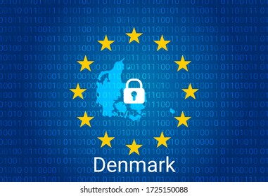 Map of Denmark, with lock and binary code background. europe union internet blocking, virus attack, privacy protect. vector illustration