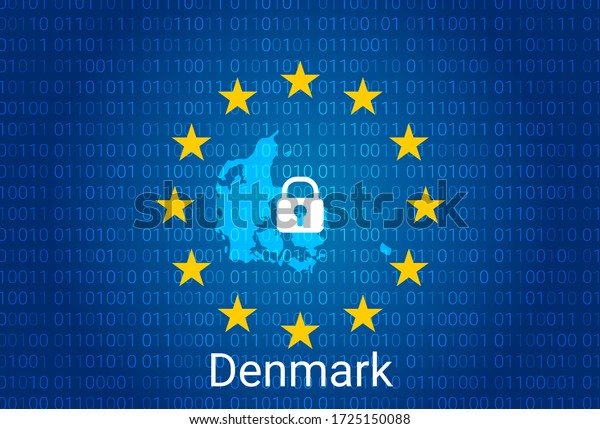 Map of Denmark, with lock and binary code\
background. europe union internet blocking, virus attack, privacy\
protect. vector\
illustration