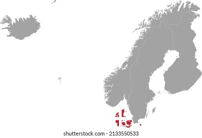 Map of Denmark with national flag within the gray map of Northern Europe - Nordic countries