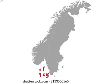 Mapa de Dinamarca con bandera nacional dentro del mapa gris de los países de la península escandinava