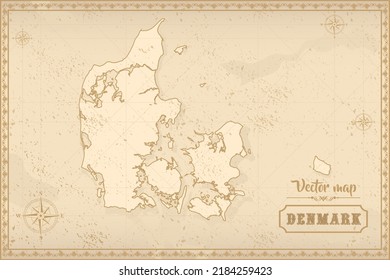 Map of Denmark in the old style, brown graphics in retro fantasy style