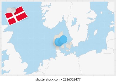 Map of Denmark with a pinned blue pin. Pinned flag of Denmark, vector illustration.