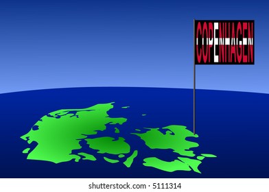 map of Denmark with position of Copenhagen marked by flag pole illustration