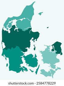 Map of Denmark with regions. Just a simple country border map with region division. Teal color palette. Blank Denmark shape with administrative division. Vector illustration.