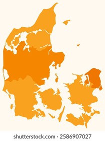 Map of Denmark with regions. Just a simple country border map with region division. Orange color palette. Blank Denmark shape with administrative division. Vector illustration.