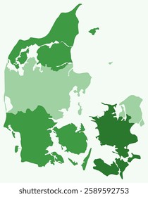 Map of Denmark with regions. Just a simple country border map with region division. Green color palette. Blank Denmark shape with administrative division. Vector illustration.