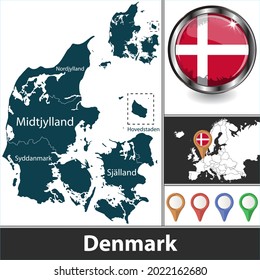 Map of Denmark with regions and location on European map. Vector image