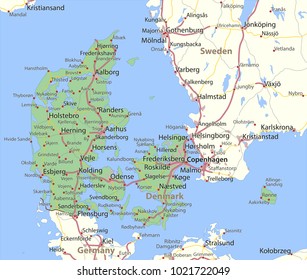 Map of Denmark. Shows country borders, urban areas, place names and roads. Labels in English where possible.
Projection: Mercator.