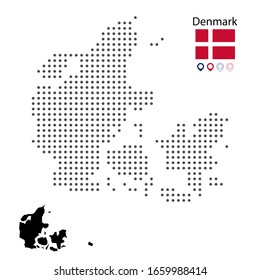 Map of Denmark vector dotted, with flag and map marker