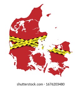 Map of Denmark with warning quarantine yellow tape. Danger coronavirus Banner