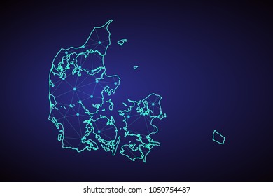 Map of Denmark. Wire frame 3D mesh polygonal network line, design sphere, dot and structure. Vector illustration eps 10.