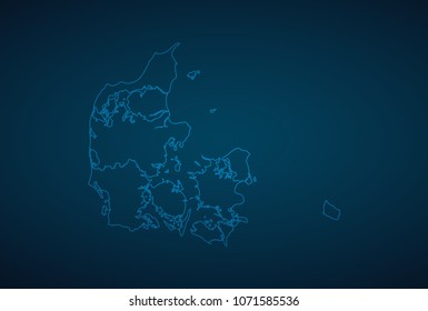 Map Denmark-Abstract High Detailed Glow Map on Dark Background for design app, ui,Travel. Vector eps 10.