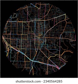 Map of Denton, Texas with all major and minor roads, railways and waterways. Colorful line art on black background.