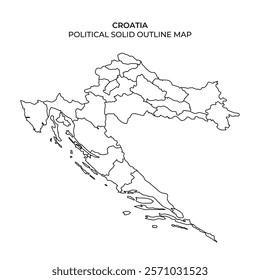 The map depicts the political outline of Croatia, featuring distinct regions and borders. This solid outline representation highlights the countrys geographical divisions clearly.