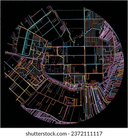 Map of DeRondeVenen, Utrecht with all major and minor roads, railways and waterways. Colorful line art on black background.