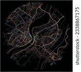 Map of Derry, Derry with all major and minor roads, railways and waterways. Colorful line art on black background.