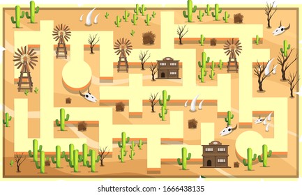 Map Desert sahara with path and cactus, vintage building, animal bones and windmill for 2D Game Platformer Vector Illustration