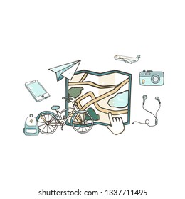 Map design concept set with phone, bike, backpack and world navigation flat icons isolated vector illustration grunge style texture, hand drawn clip art